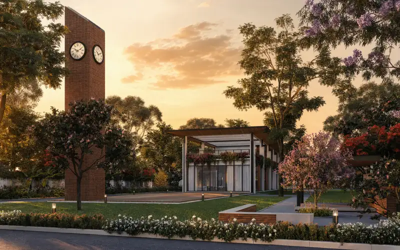 Clock tower and clubhouse at sunset