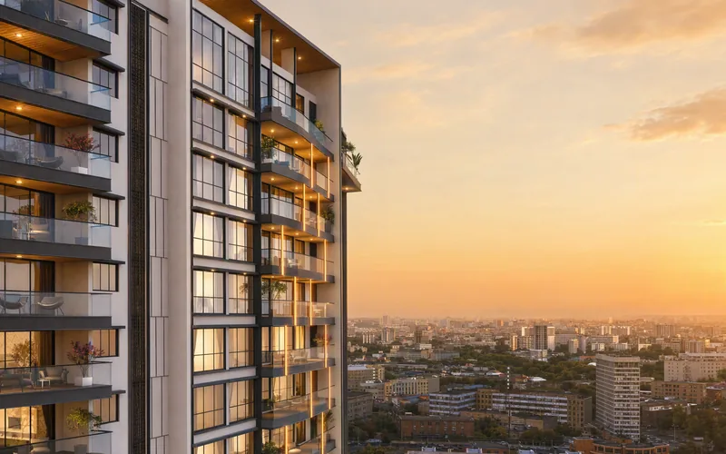 Balconies at sunset over the city