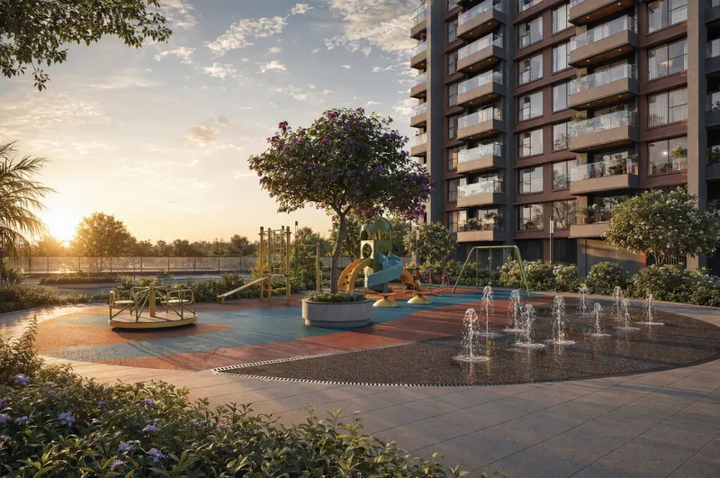Purva Silversky: Kids' play area with splash fountains at sunset